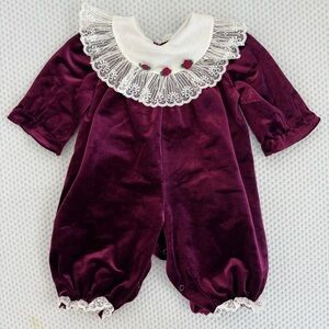 Vintage Rare Editions Velvet Baby Romper with Lace Collar and Embroidery Size 9m